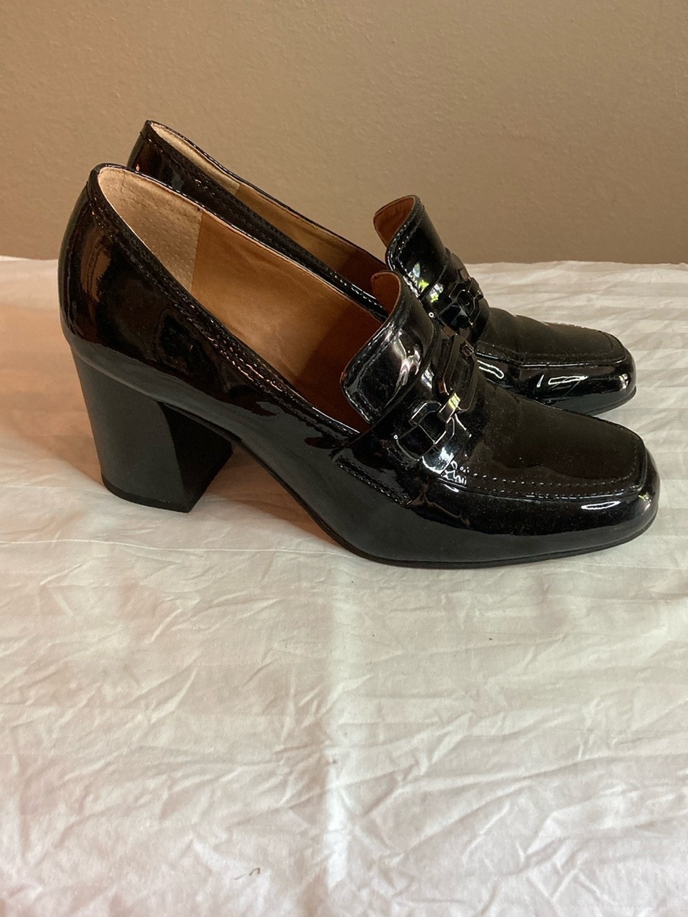 Franco Sarto Black Patent Block Heel Loafers. Excellent condition Only worn once